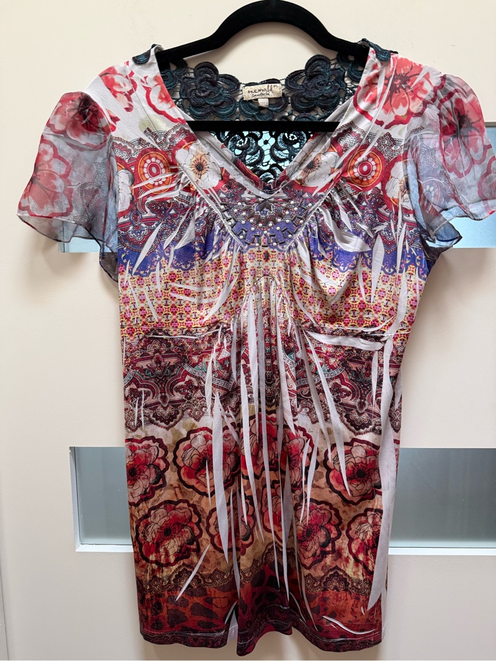 ONE WORLD Multi-Color V-Neck Embellished Short Sleeve Top